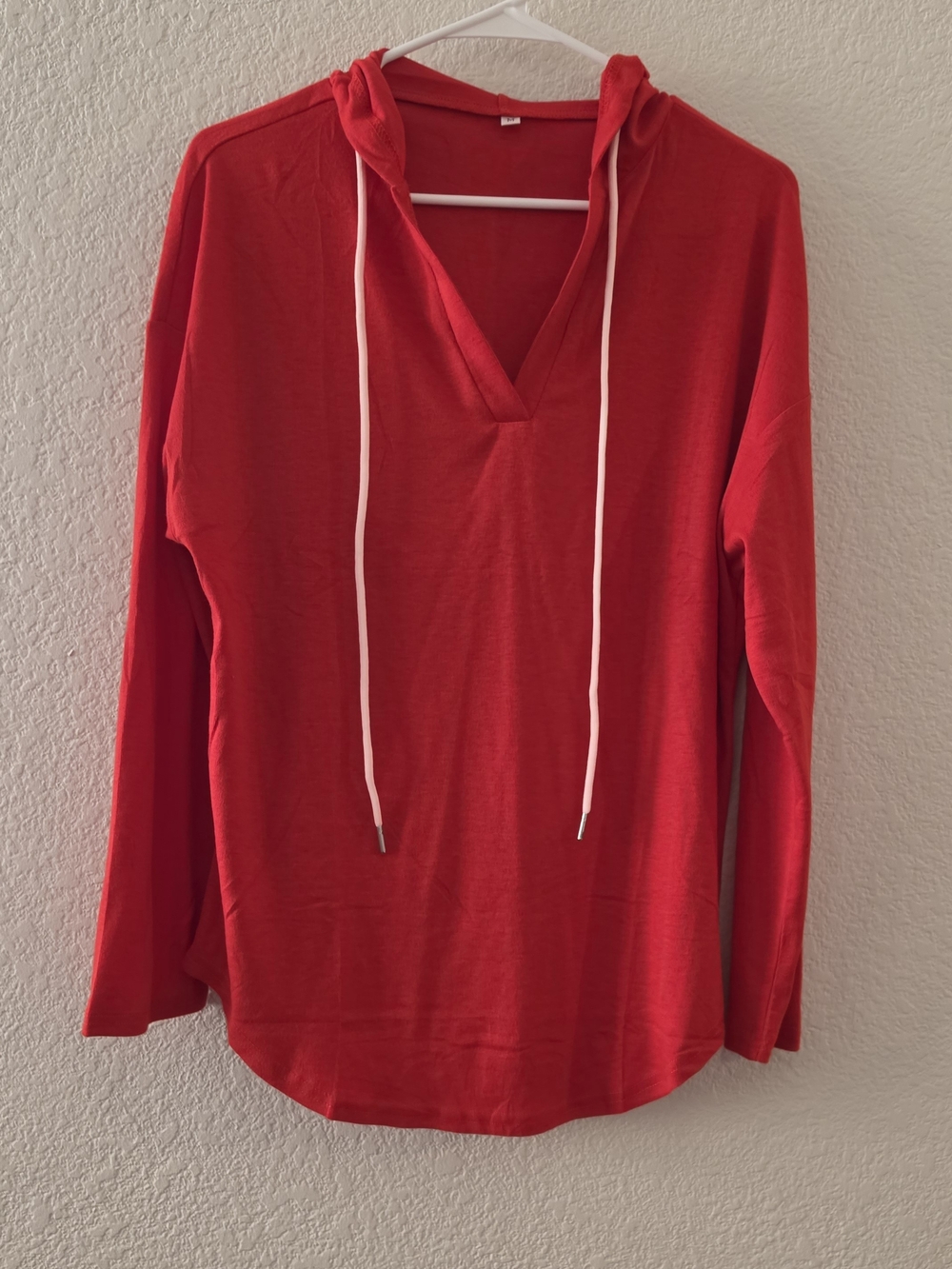 Women's Red V-Neck Hoodie Top with Contrast Drawcords